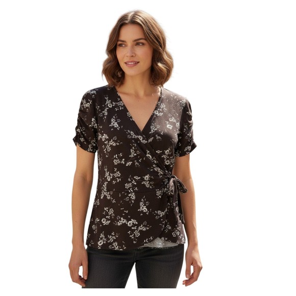 Boohoo Womens Brown Floral Wrap Top Ruched Short Sleeve V-Neck Size US 16 - Picture 2 of 6